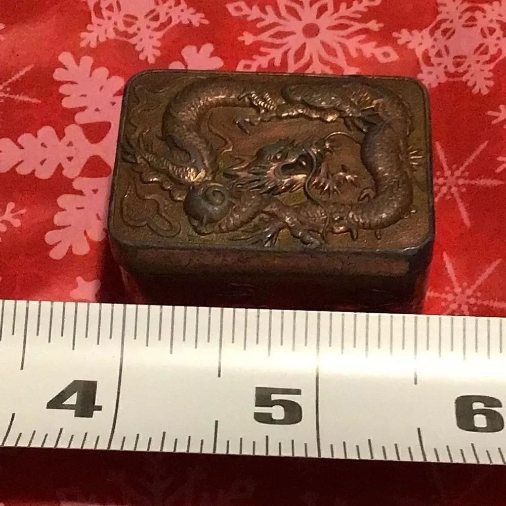 Antique copper clad metal box, Chinese, dragon, or sewing pins